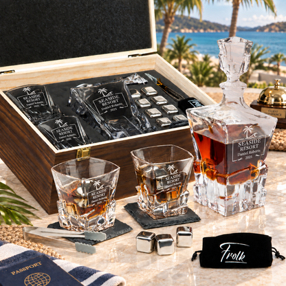 Travel & Hospitality Company Gifts – Rocks Decanter Set with 2 Glasses, 8 Whiskey Cubes & Wooden Box – image 01