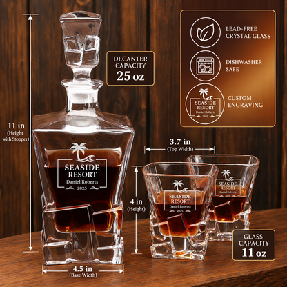 Travel & Hospitality Company Gifts – Rocks Decanter Set with 2 Glasses, 8 Whiskey Cubes & Wooden Box – image 02