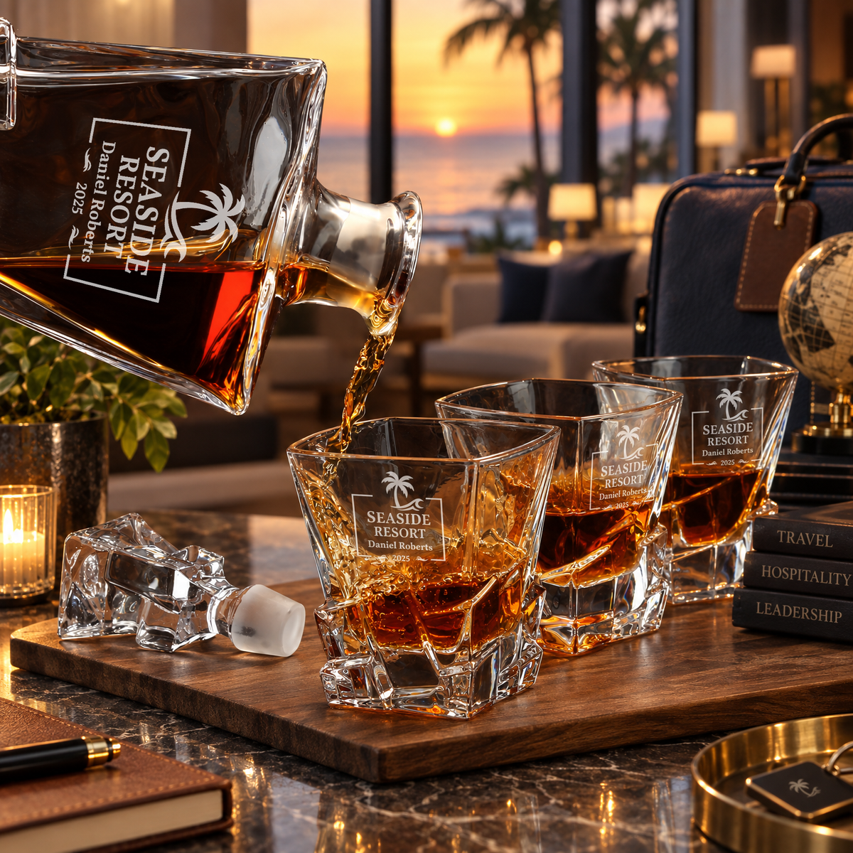 Travel & Hospitality Company Gifts – Rocks Decanter Set with 2 Glasses, 8 Whiskey Cubes & Wooden Box product image