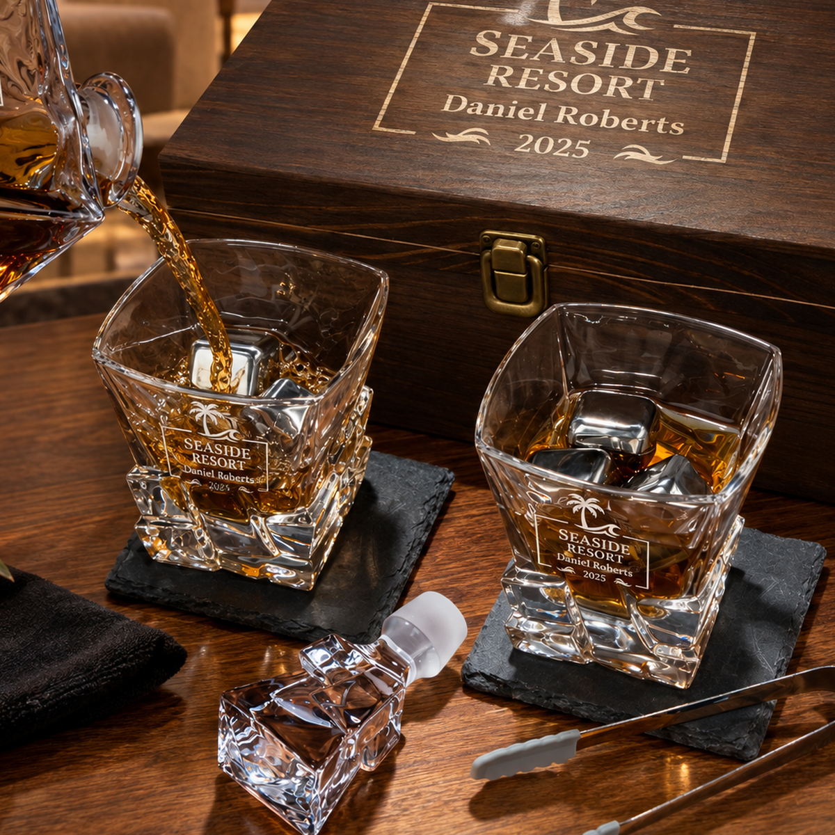 Travel & Hospitality Company Gifts – Rocks Decanter Set with 2 Glasses, 8 Whiskey Cubes & Wooden Box product image