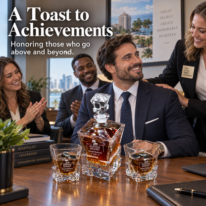 Travel & Hospitality Company Gifts – Rocks Decanter Set with 2 Glasses, 8 Whiskey Cubes & Wooden Box – image 09