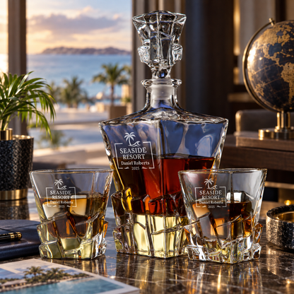 Travel & Hospitality Company Gifts – Rocks Decanter Set with 2 Glasses, 8 Whiskey Cubes & Wooden Box – image 10