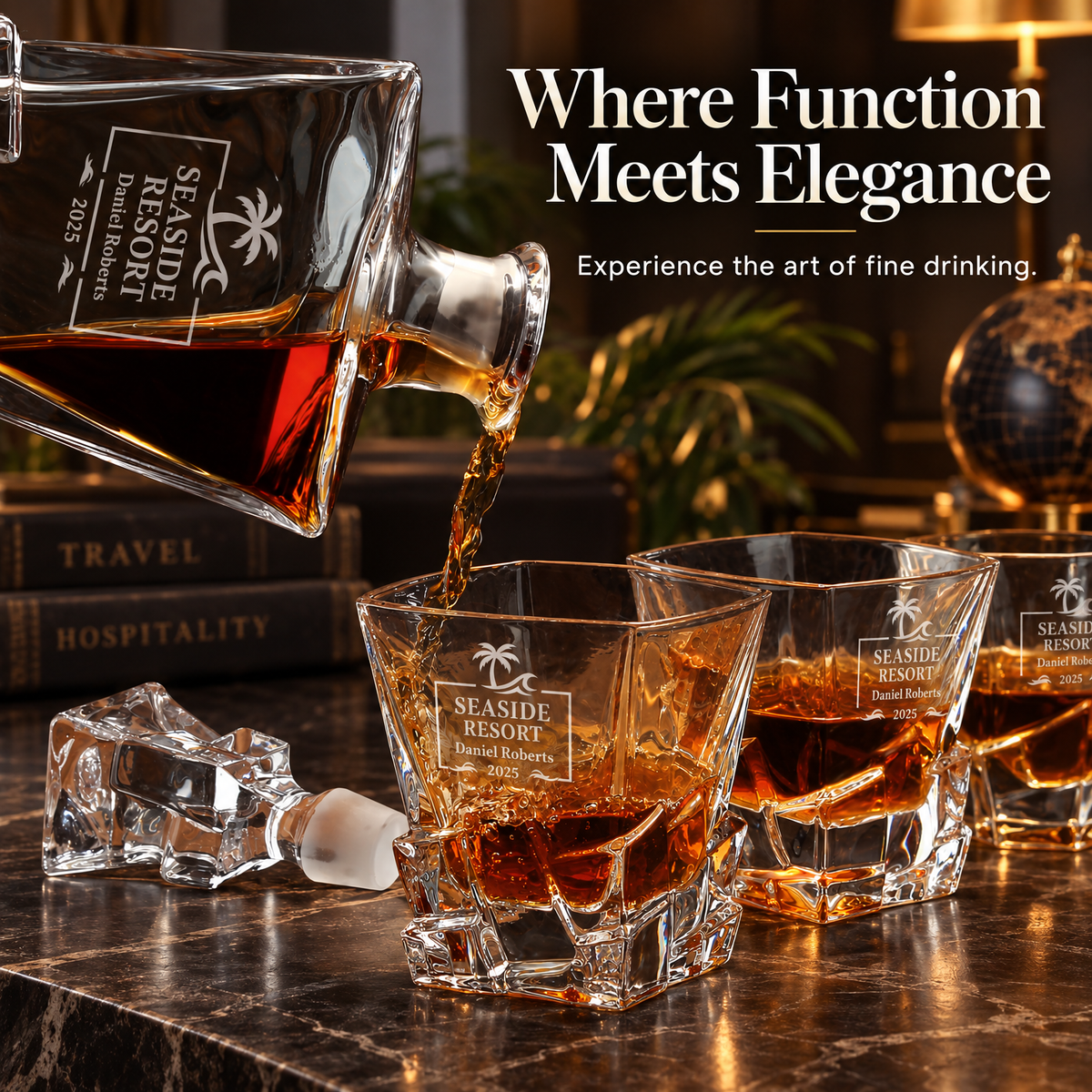 Travel & Hospitality Company Gifts – Rocks Decanter Set with 2 Glasses, 8 Whiskey Cubes & Wooden Box product image
