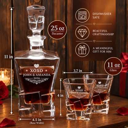 Valentine's Day Gift – Rocks Decanter Set with 2 Glasses, 8 Whiskey Cubes & Wooden Box – image 02