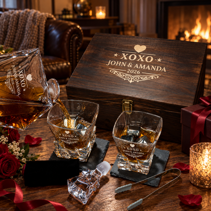 Valentine's Day Gift – Rocks Decanter Set with 2 Glasses, 8 Whiskey Cubes & Wooden Box – image 08