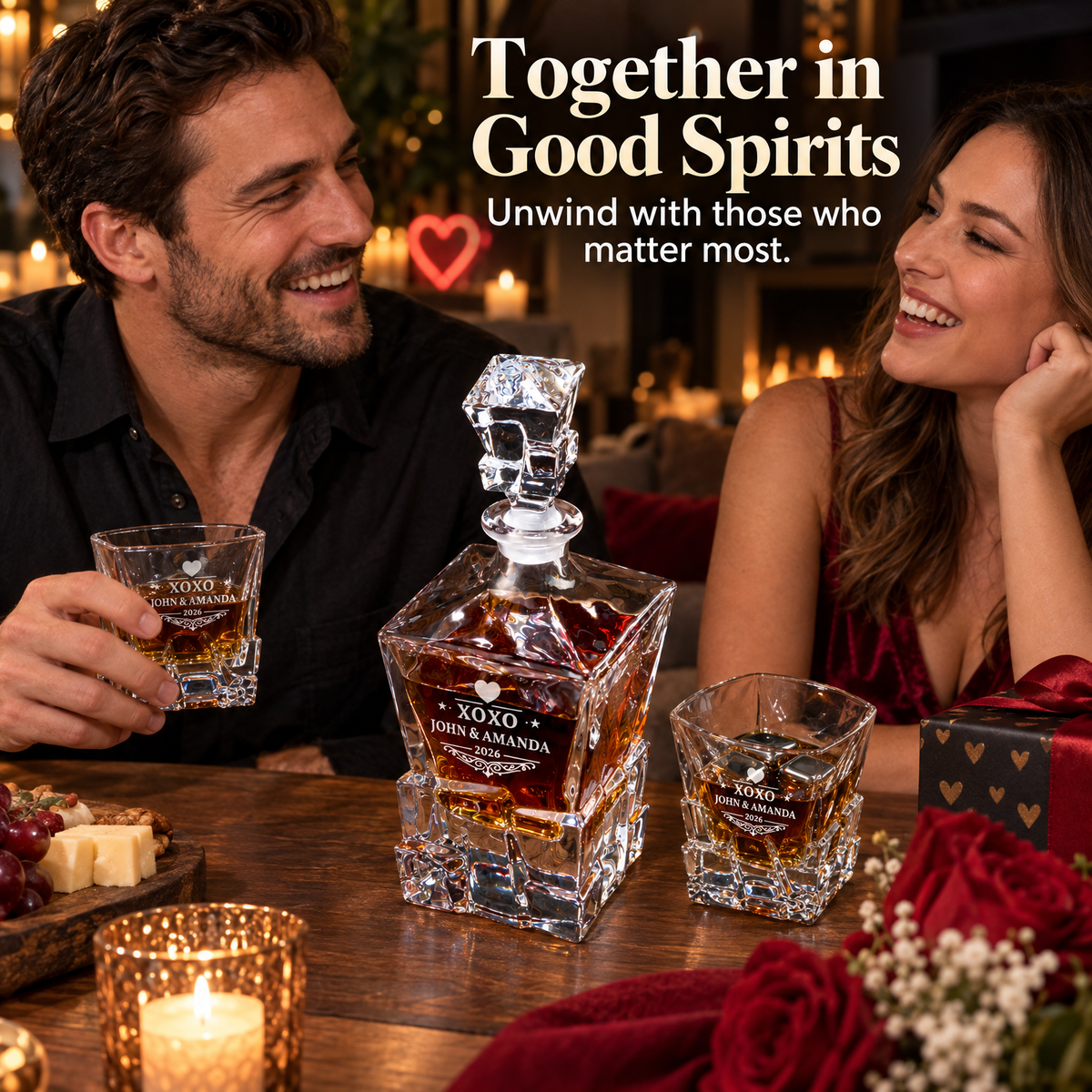 Valentine's Day Gift – Rocks Decanter Set with 2 Glasses, 8 Whiskey Cubes & Wooden Box – image 09