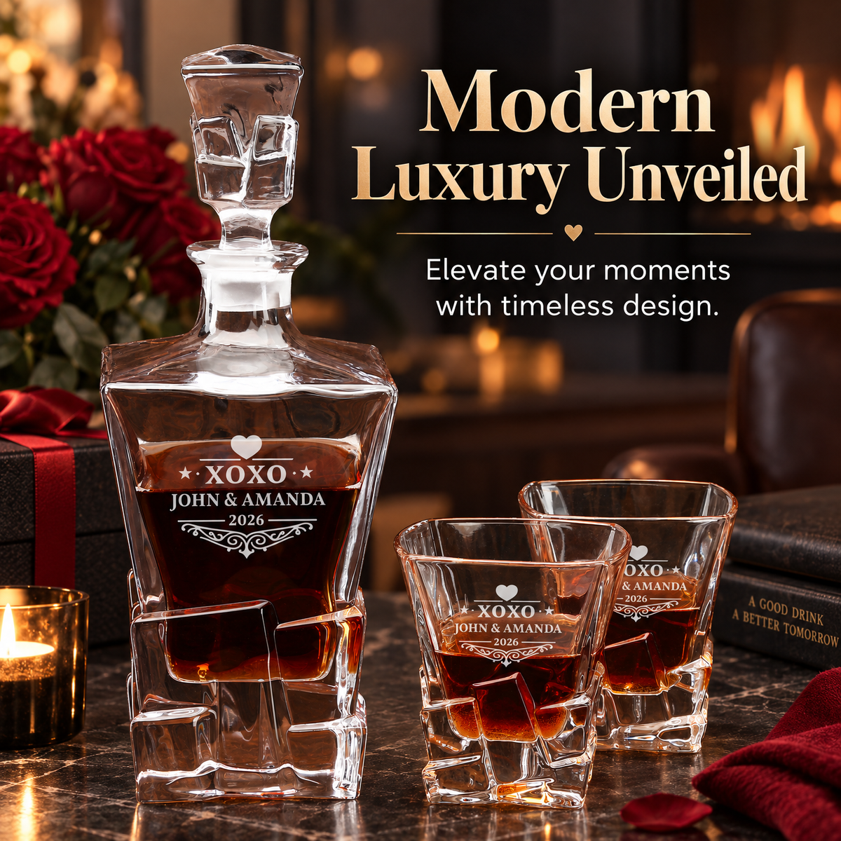 Valentine's Day Gift – Rocks Decanter Set with 2 Glasses, 8 Whiskey Cubes & Wooden Box product image