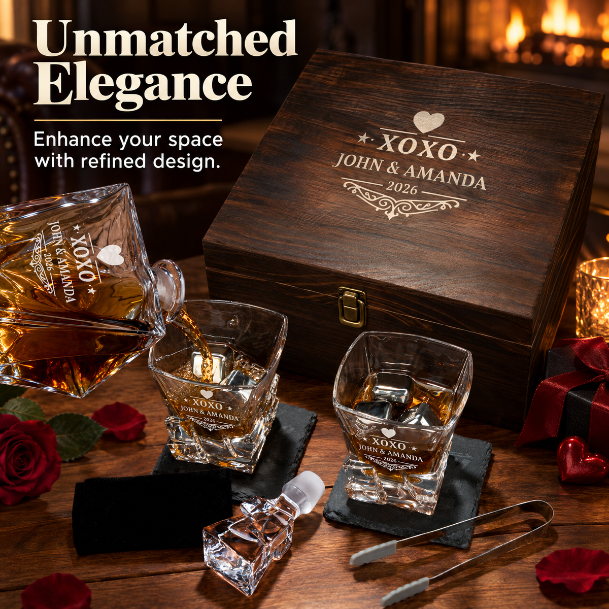 Valentine's Day Gift – Rocks Decanter Set with 2 Glasses, 8 Whiskey Cubes & Wooden Box product image