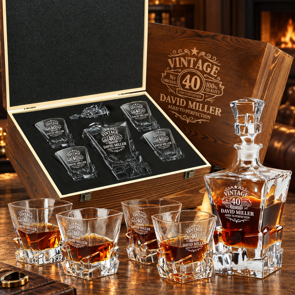 Birthday Gift – Rocks Decanter Set with 4 Glasses & Wooden Box – image 01