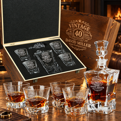Birthday Gift – Rocks Decanter Set with 4 Glasses & Wooden Box – image 01