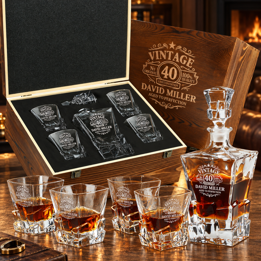 Birthday Gift – Rocks Decanter Set with 4 Glasses & Wooden Box – image 01