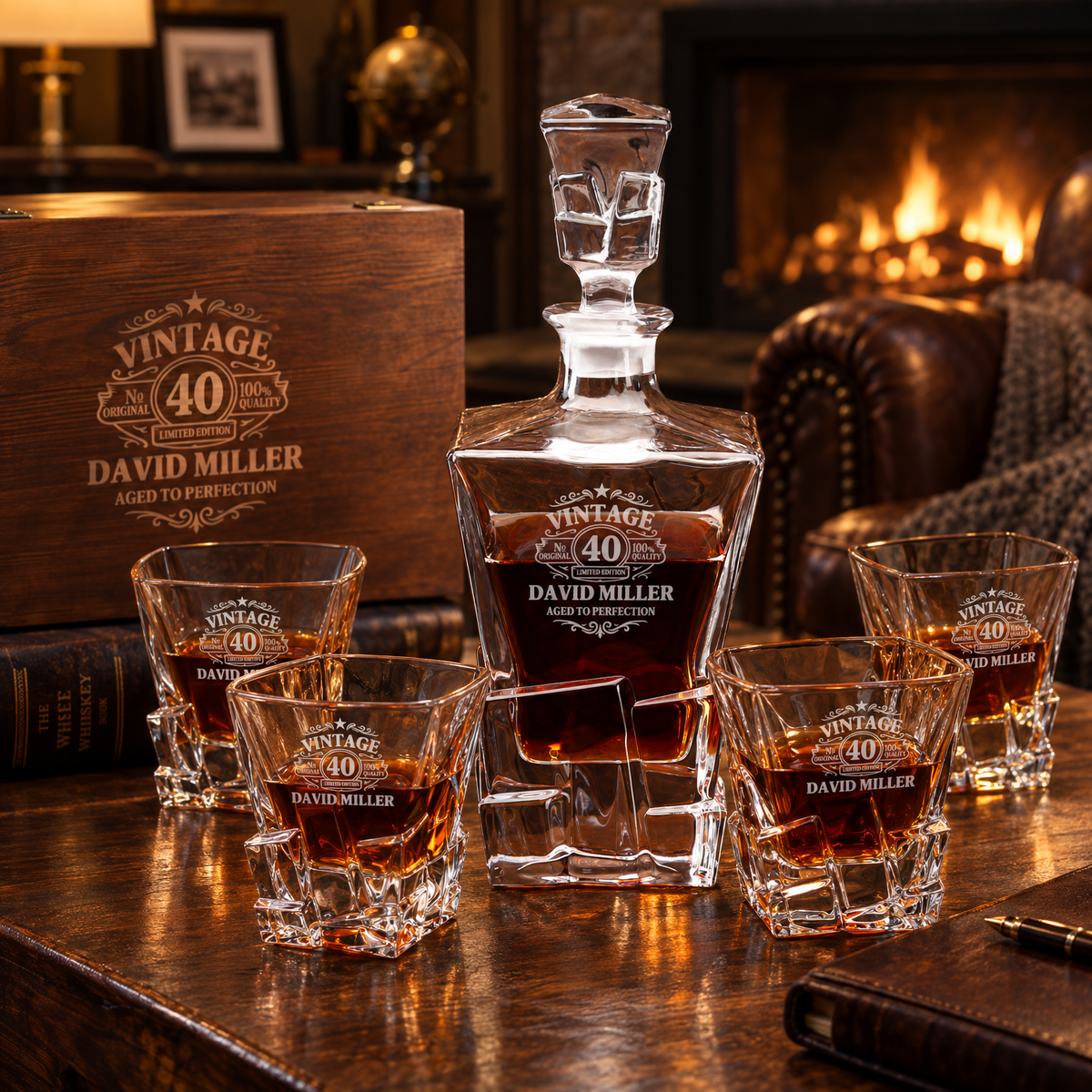 Birthday Gift – Rocks Decanter Set with 4 Glasses & Wooden Box product image