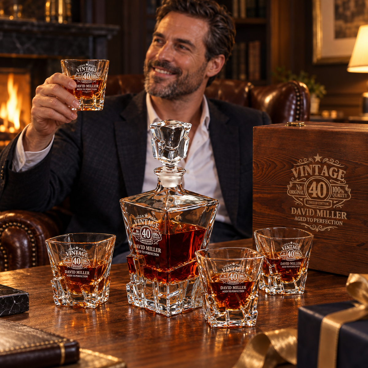 Birthday Gift – Rocks Decanter Set with 4 Glasses & Wooden Box product image
