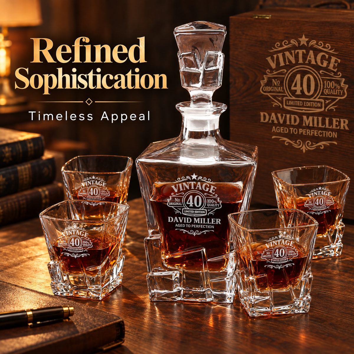 Birthday Gift – Rocks Decanter Set with 4 Glasses & Wooden Box product image