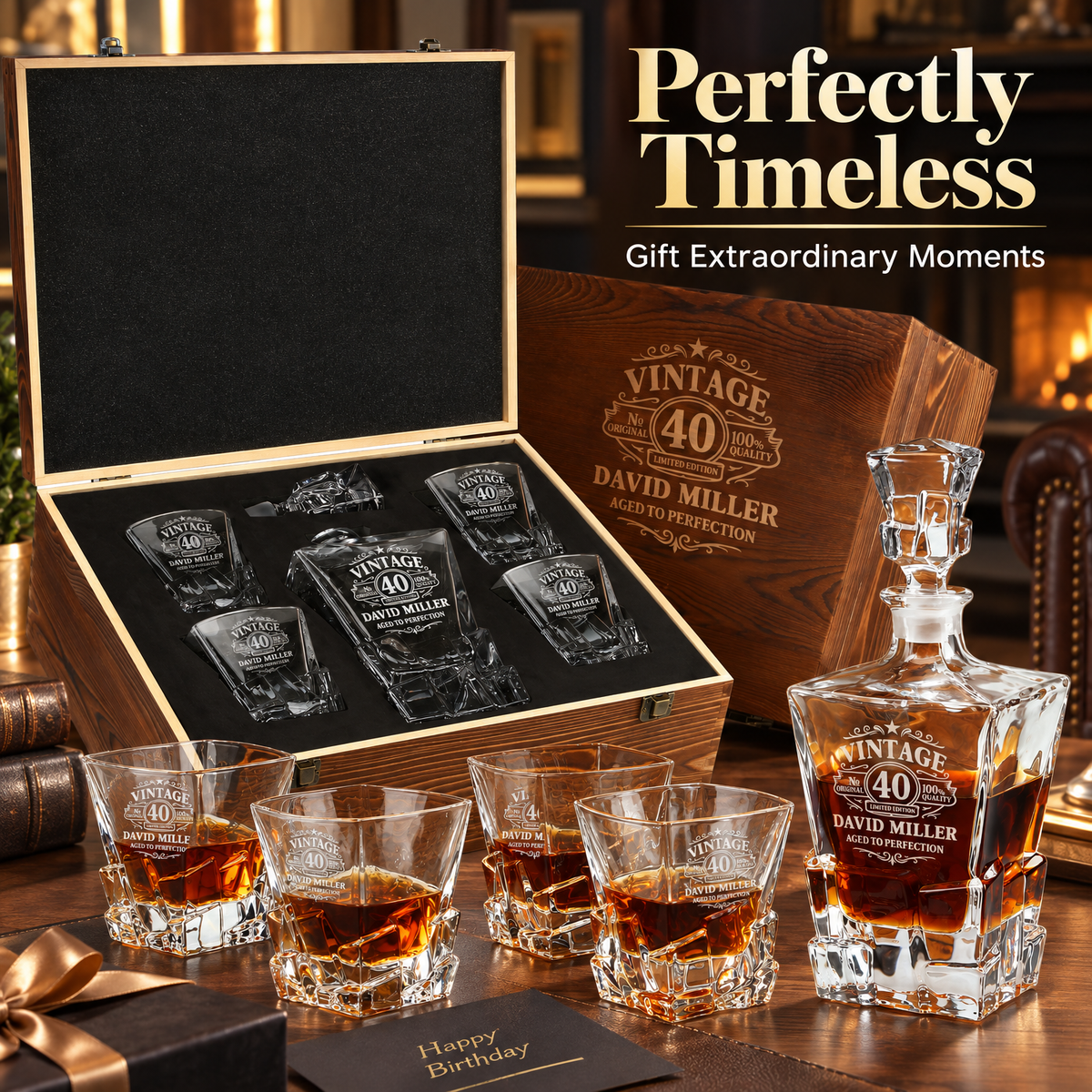 Birthday Gift – Rocks Decanter Set with 4 Glasses & Wooden Box product image