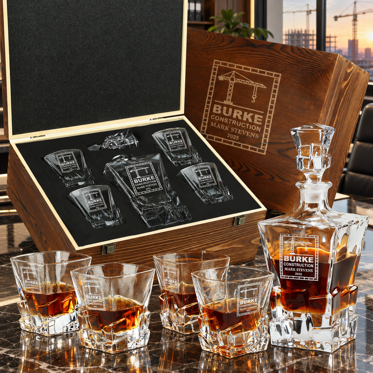 Construction Company Gifts – Rocks Decanter Set with 4 Glasses & Wooden Box – image 01