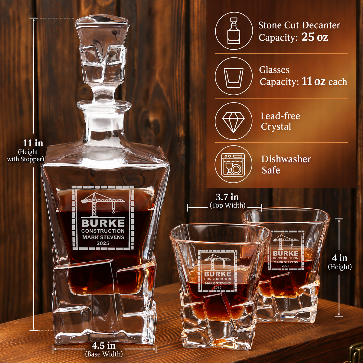 Construction Company Gifts – Rocks Decanter Set with 4 Glasses & Wooden Box product image