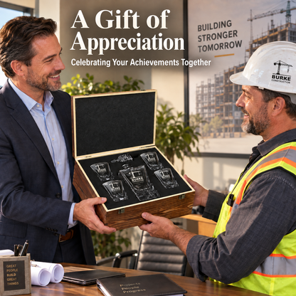Construction Company Gifts – Rocks Decanter Set with 4 Glasses & Wooden Box – image 03