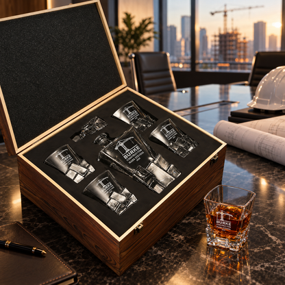 Construction Company Gifts – Rocks Decanter Set with 4 Glasses & Wooden Box – image 04