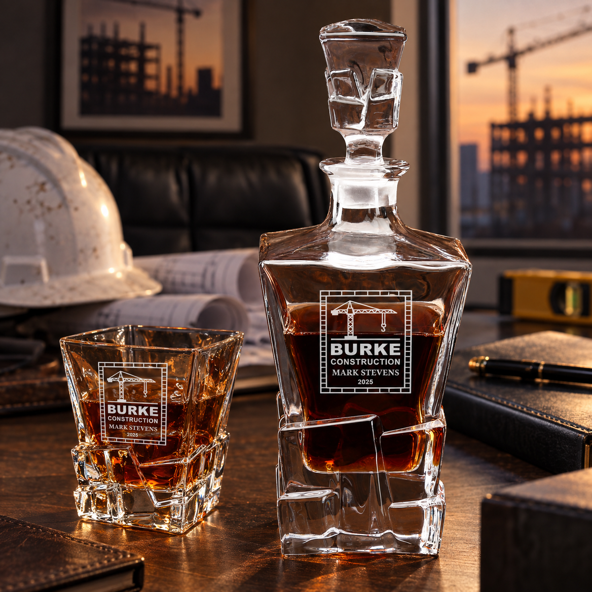 Construction Company Gifts – Rocks Decanter Set with 4 Glasses & Wooden Box product image