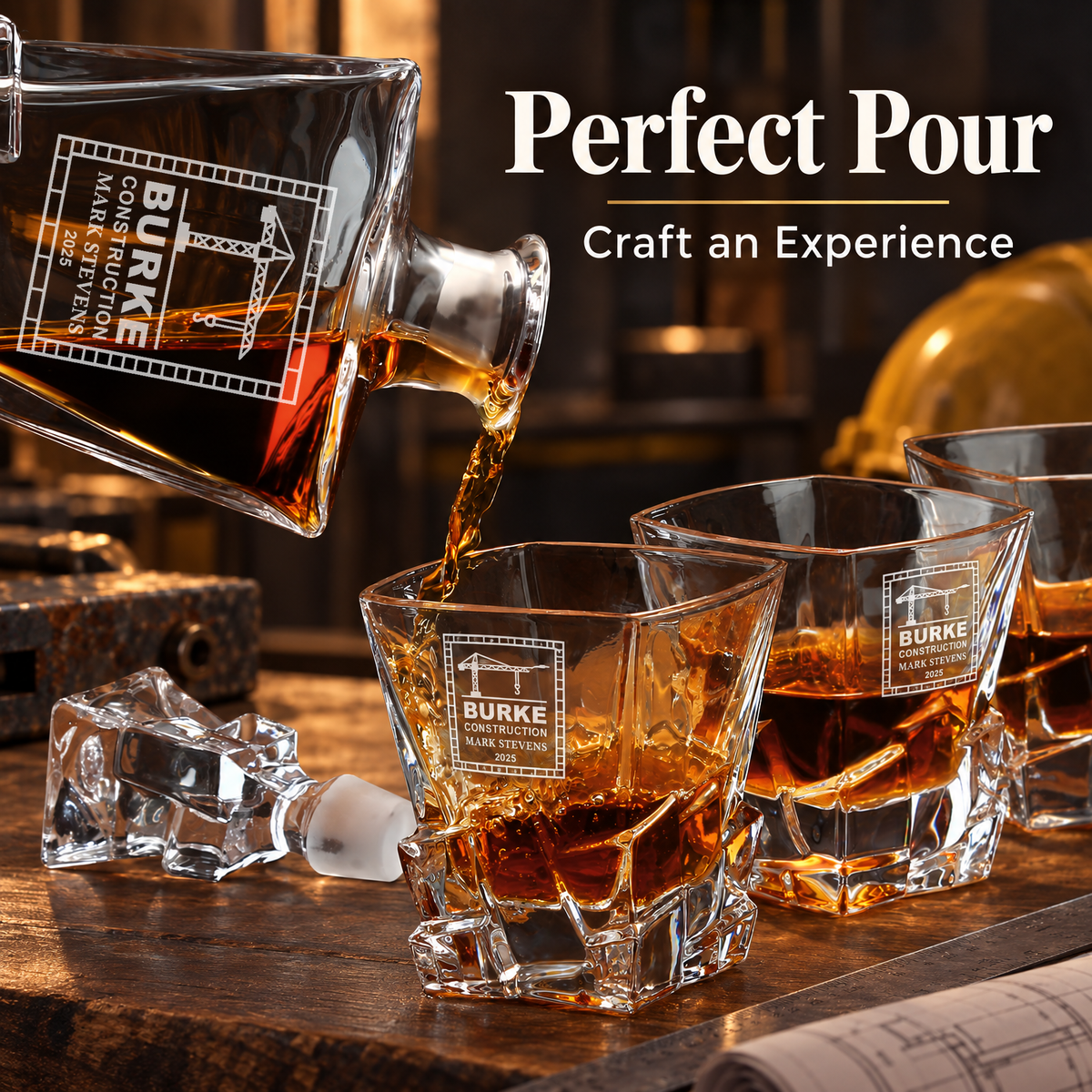 Construction Company Gifts – Rocks Decanter Set with 4 Glasses & Wooden Box – image 14
