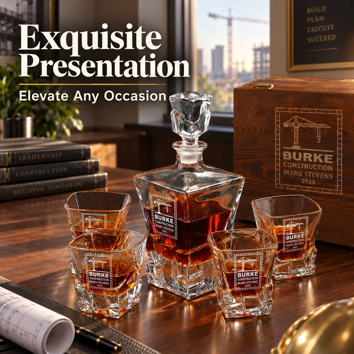 Construction Company Gifts – Rocks Decanter Set with 4 Glasses & Wooden Box product image