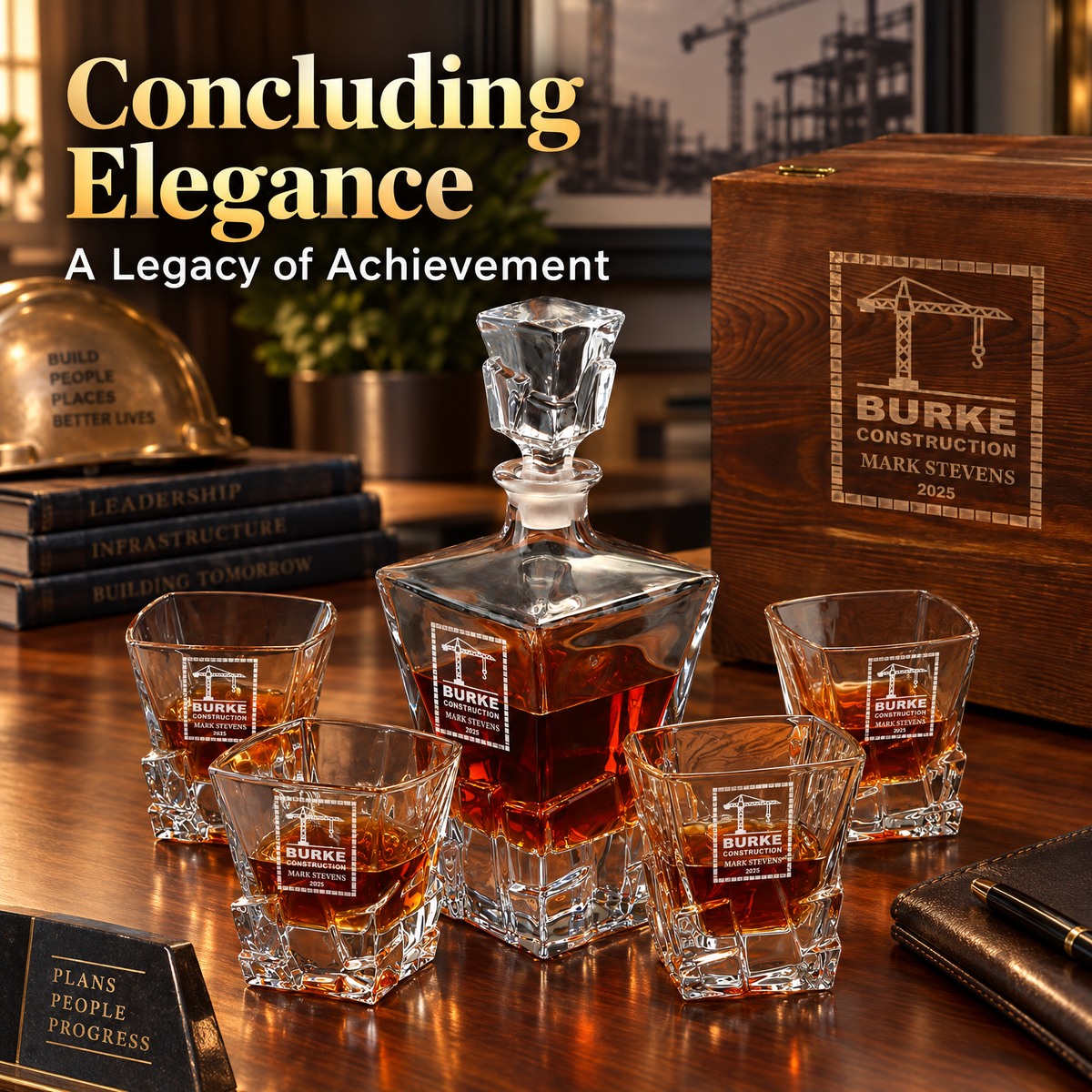 Construction Company Gifts – Rocks Decanter Set with 4 Glasses & Wooden Box product image