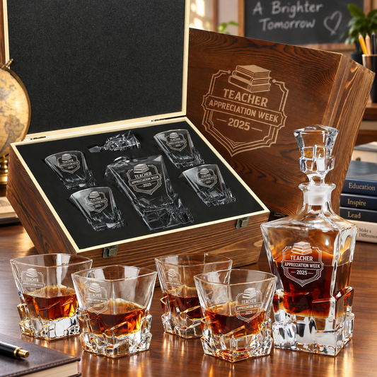 Education Company Gifts – Rocks Decanter Set with 4 Glasses & Wooden Box – image 01