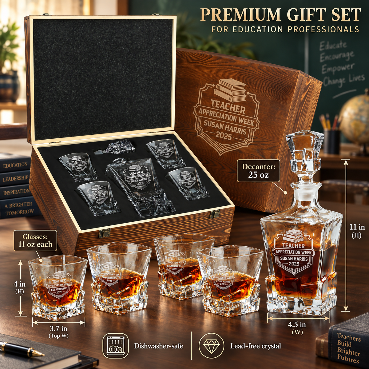 Education Company Gifts – Rocks Decanter Set with 4 Glasses & Wooden Box product image