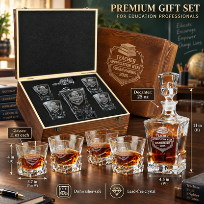 Education Company Gifts – Rocks Decanter Set with 4 Glasses & Wooden Box – image 02