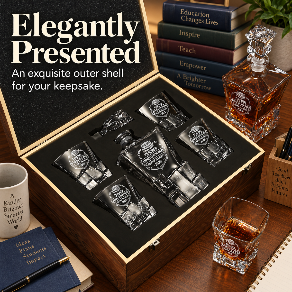 Education Company Gifts – Rocks Decanter Set with 4 Glasses & Wooden Box – image 12