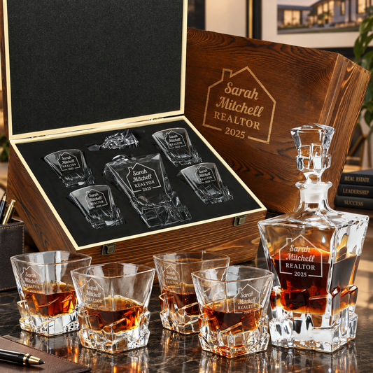 Real Estate Company Gifts – Rocks Decanter Set with 4 Glasses & Wooden Box – image 01