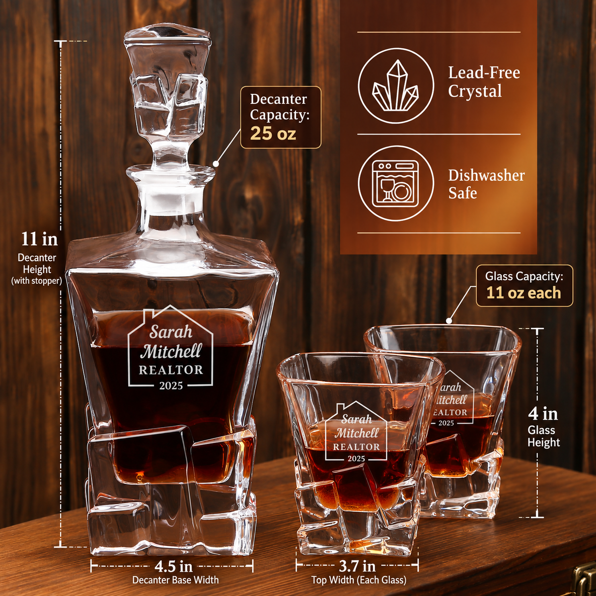 Real Estate Company Gifts – Rocks Decanter Set with 4 Glasses & Wooden Box product image