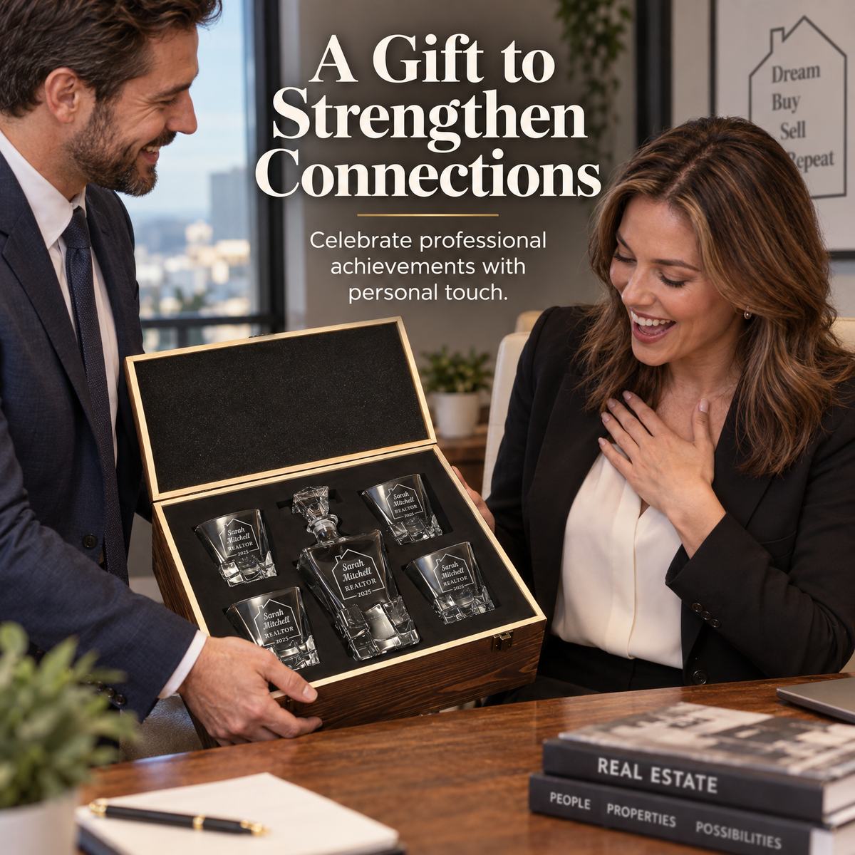 Real Estate Company Gifts – Rocks Decanter Set with 4 Glasses & Wooden Box product image