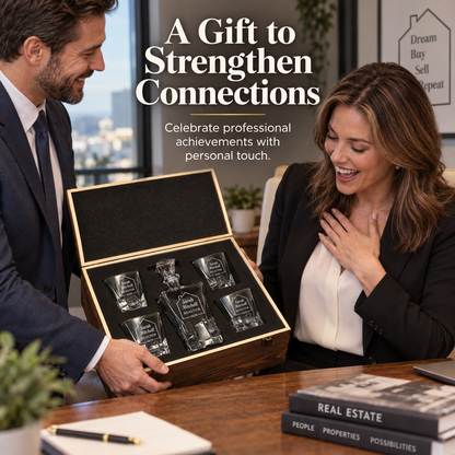 Real Estate Company Gifts – Rocks Decanter Set with 4 Glasses & Wooden Box – image 03