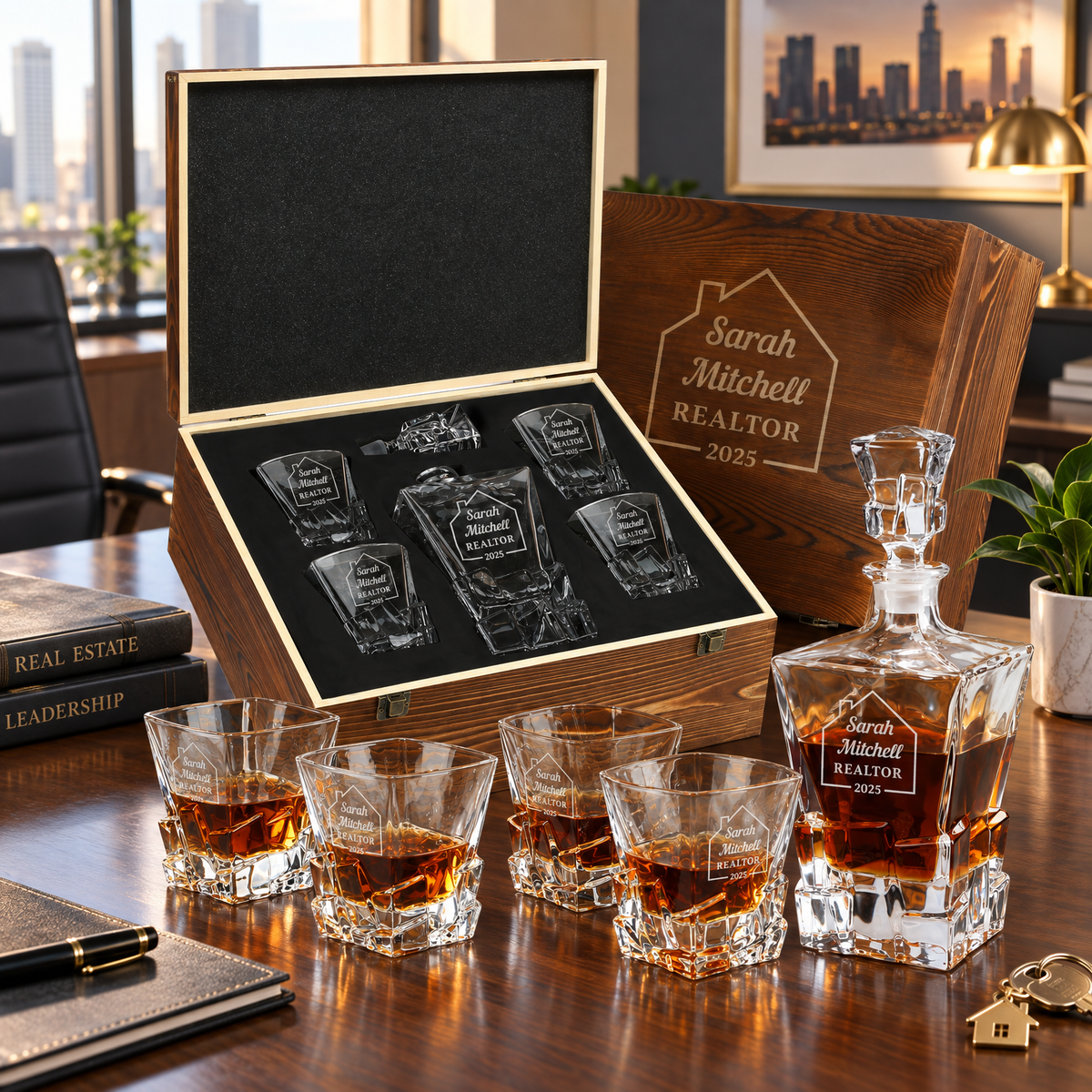 Real Estate Company Gifts – Rocks Decanter Set with 4 Glasses & Wooden Box product image