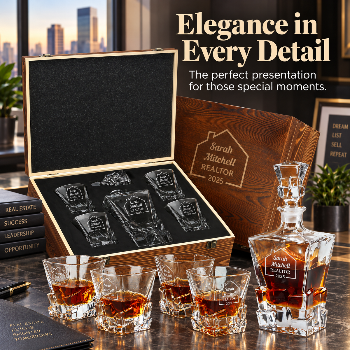 Real Estate Company Gifts – Rocks Decanter Set with 4 Glasses & Wooden Box product image