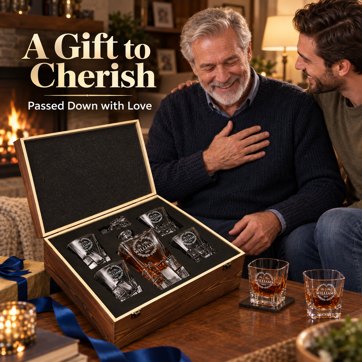 Family Gift – Rocks Decanter Set with 4 Glasses & Wooden Box product image