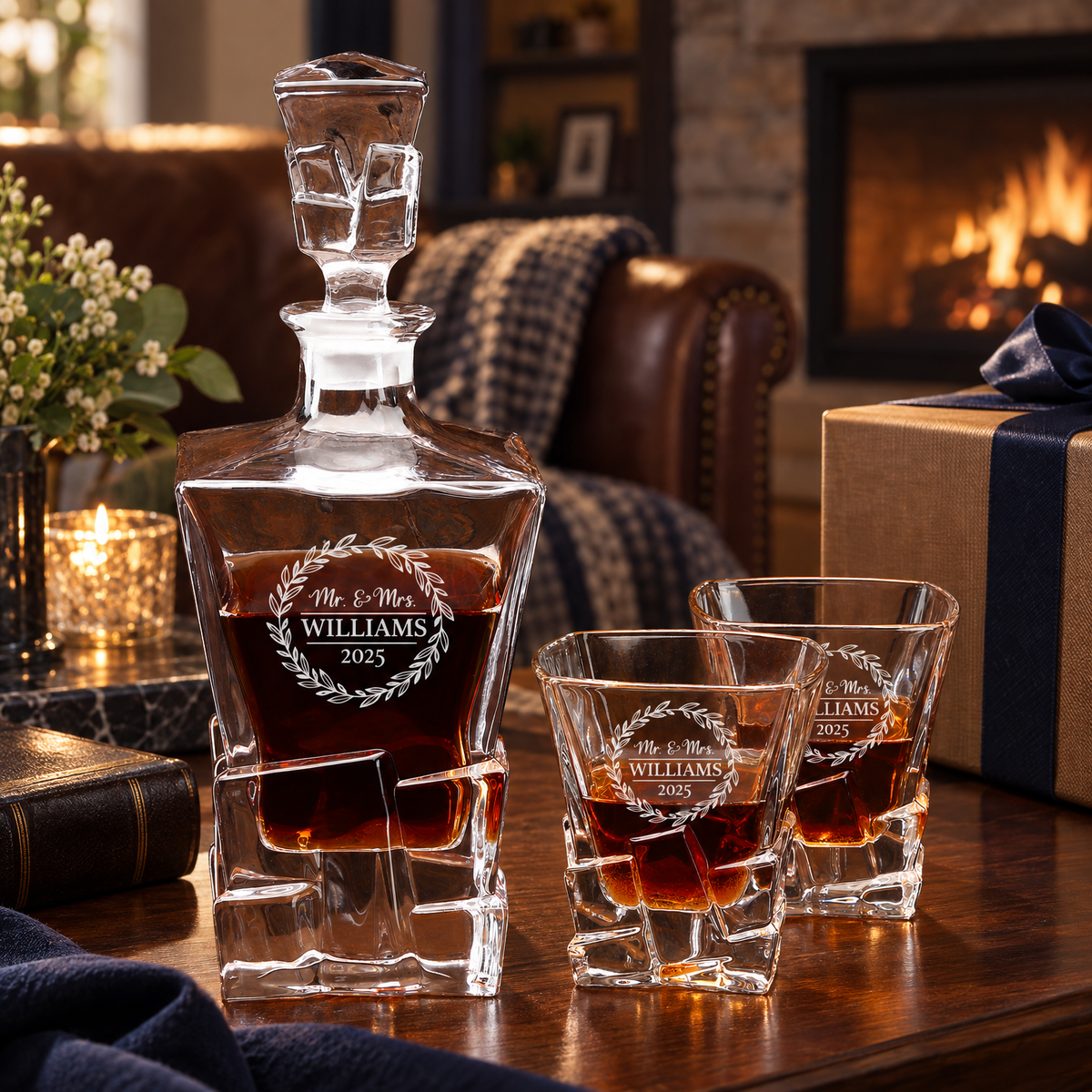Family Gift – Rocks Decanter Set with 4 Glasses & Wooden Box product image