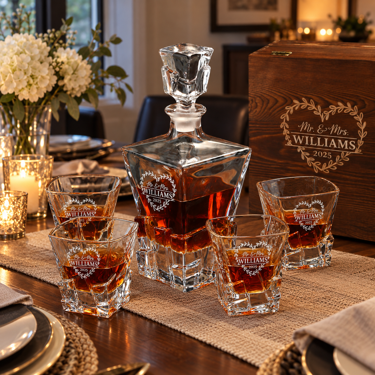 Family Gift – Rocks Decanter Set with 4 Glasses & Wooden Box – image 08