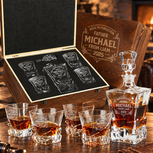 Gift for Father – Rocks Decanter Set with 4 Glasses & Wooden Box – image 01