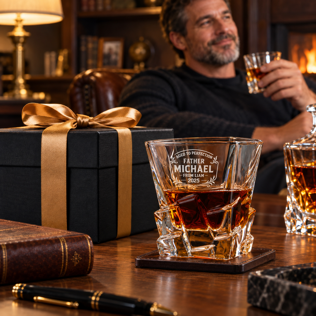 Gift for Father – Rocks Decanter Set with 4 Glasses & Wooden Box – image 04