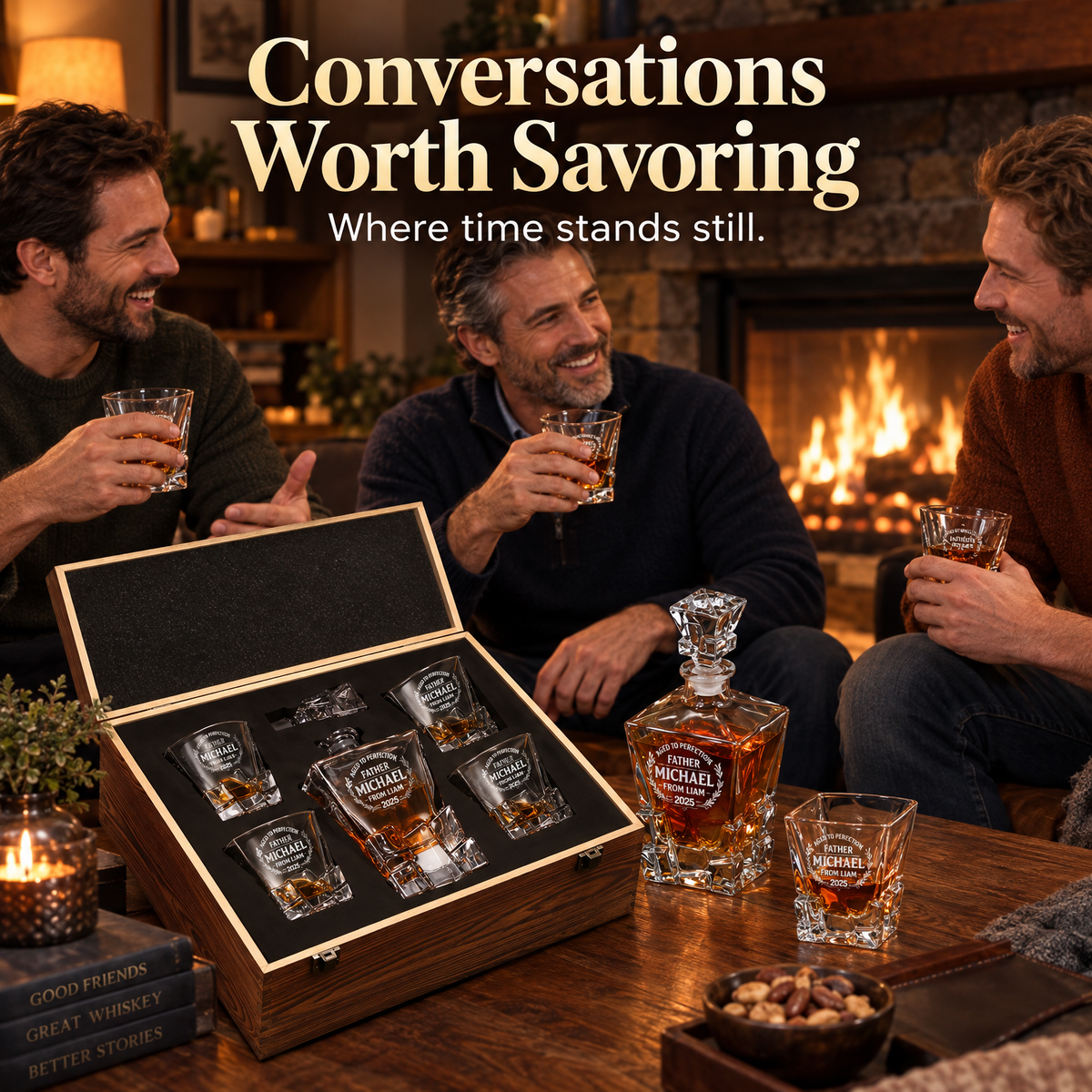 Gift for Father – Rocks Decanter Set with 4 Glasses & Wooden Box – image 07