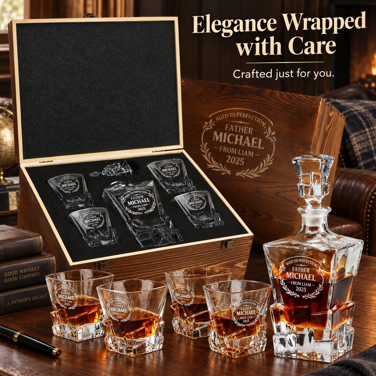 Gift for Father – Rocks Decanter Set with 4 Glasses & Wooden Box – image 12