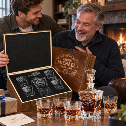 Gift for Father – Rocks Decanter Set with 4 Glasses & Wooden Box – image 13