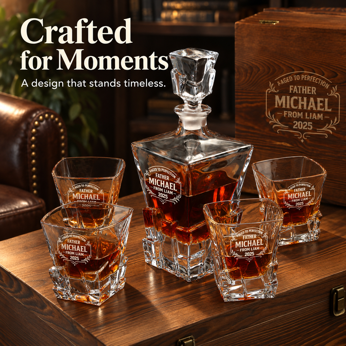 Gift for Father – Rocks Decanter Set with 4 Glasses & Wooden Box – image 18