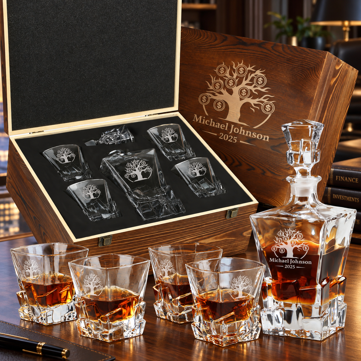 Finance Company Gifts – Rocks Decanter Set with 4 Glasses & Wooden Box – image 01