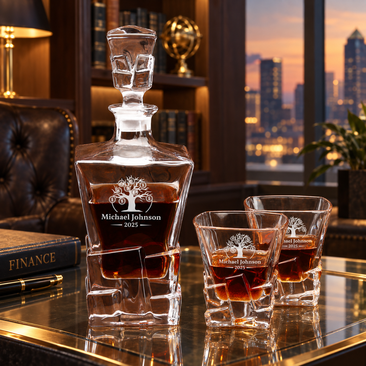 Finance Company Gifts – Rocks Decanter Set with 4 Glasses & Wooden Box product image