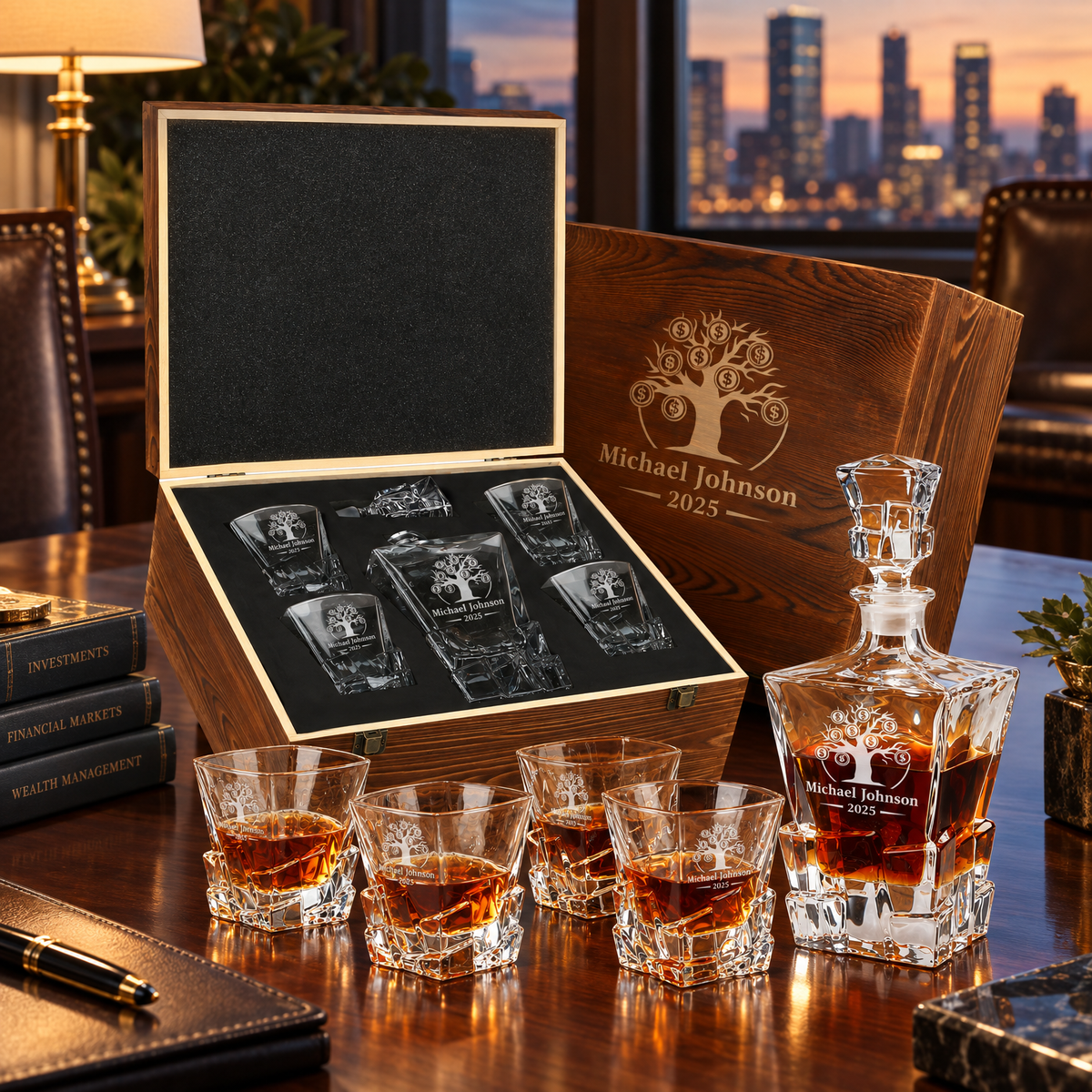 Finance Company Gifts – Rocks Decanter Set with 4 Glasses & Wooden Box product image