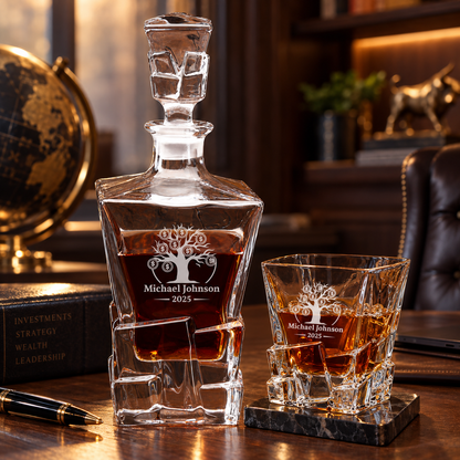 Finance Company Gifts – Rocks Decanter Set with 4 Glasses & Wooden Box – image 10